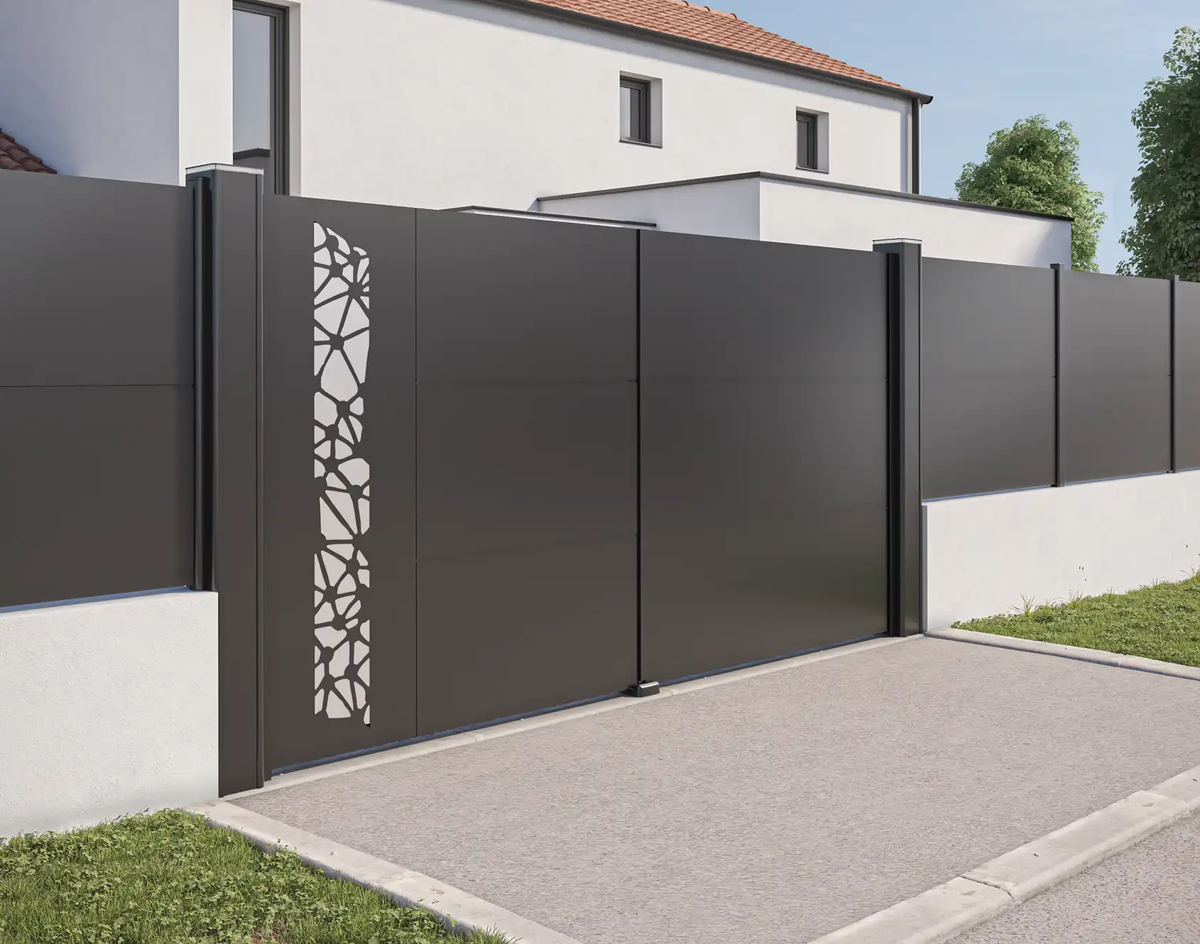 Portail battant aluminium tôlé Topaze - Kostum design coordonné Bel'M et Novoferm